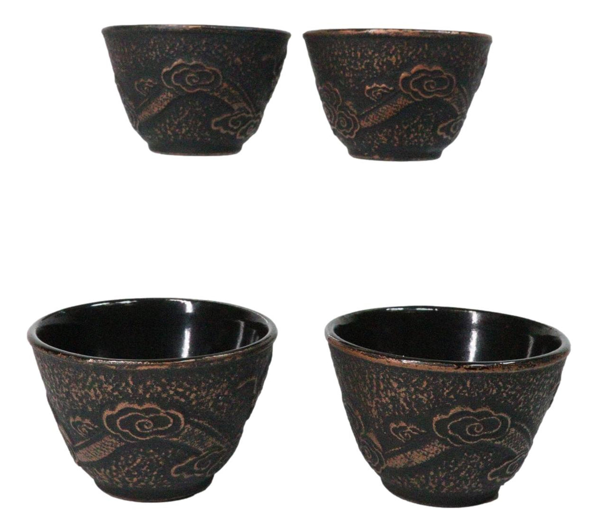 Rustic Bronze Dragon Etching Japanese Tetsubin Style Cast Iron Tea Cups Set of 4