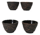 Rustic Bronze Dragon Etching Japanese Tetsubin Style Cast Iron Tea Cups Set of 4