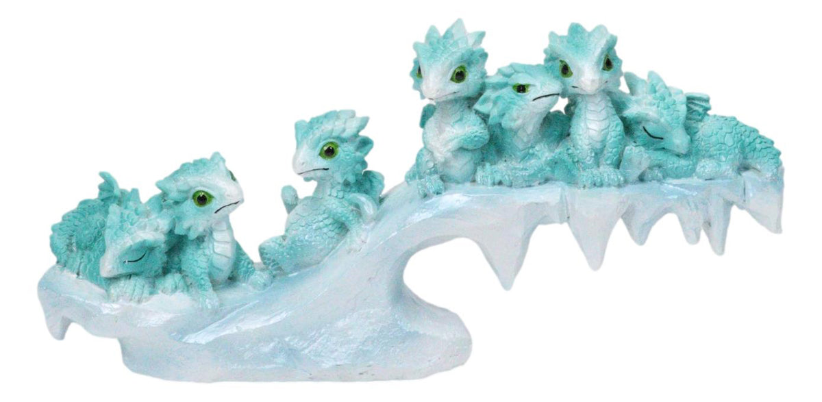 Winter Wonderland Ice Blue Baby Dragons On Frozen Bridge Glacier Rock Figurine