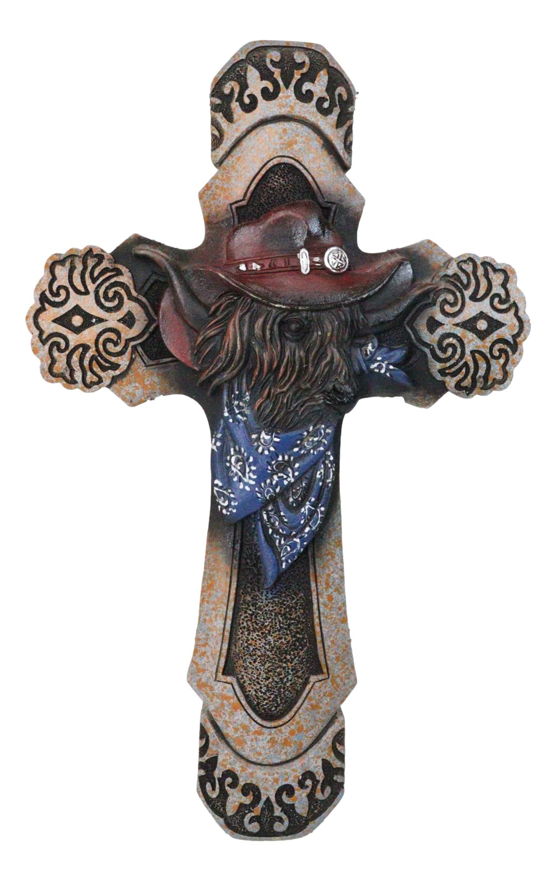 Rustic Country Western Highland Cow with Cowboy Hat and Scarf Wall Cross Decor
