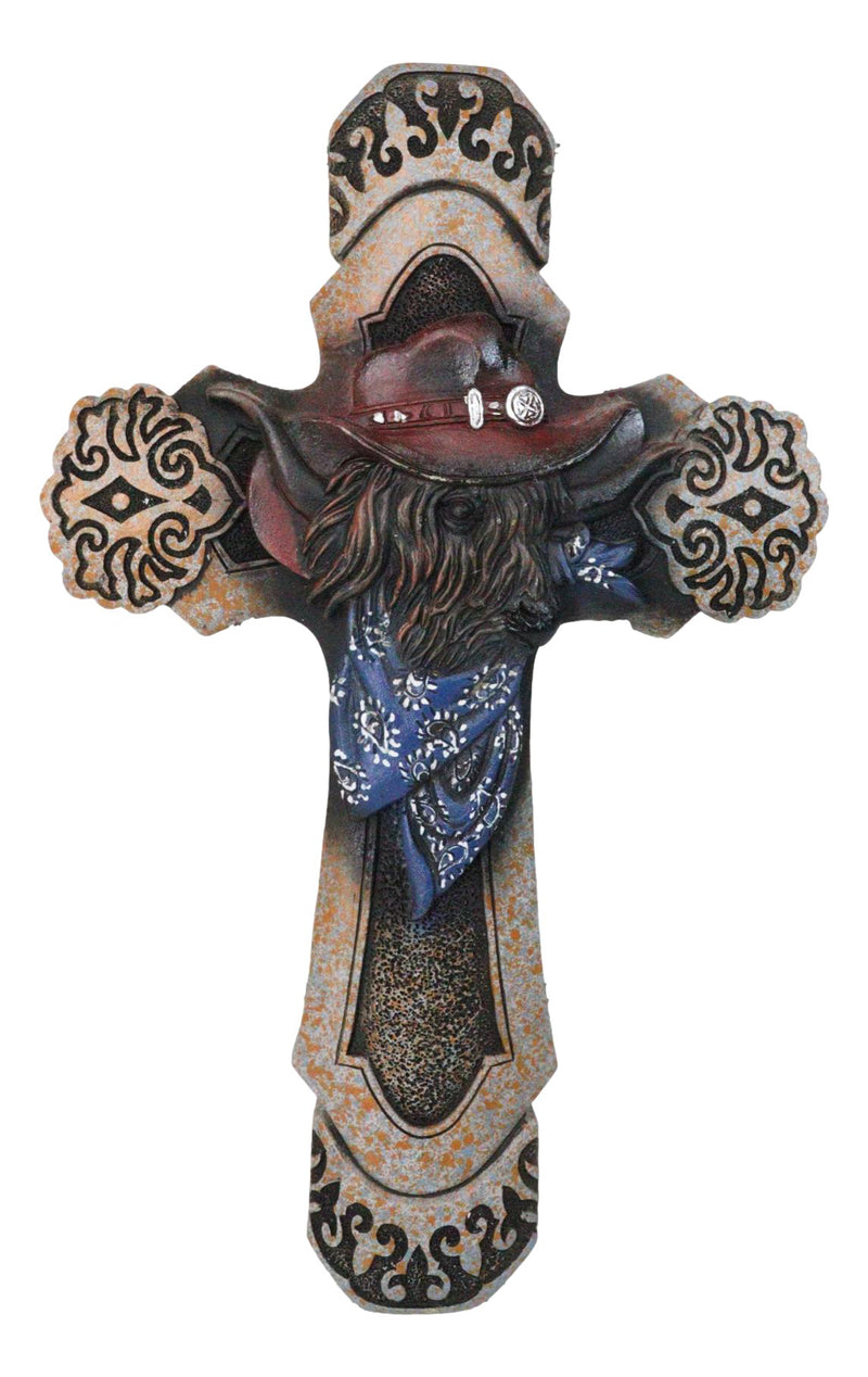 Rustic Country Western Highland Cow with Cowboy Hat and Scarf Wall Cross Decor