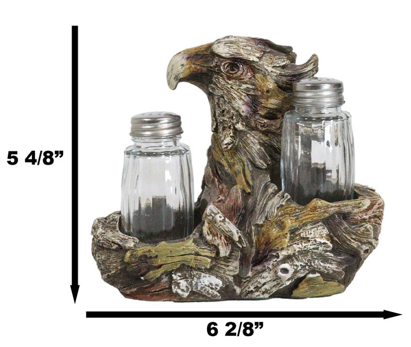 Faux Wooden American Bald Sea Eagle Glass Salt and Pepper Shakers Holder Set