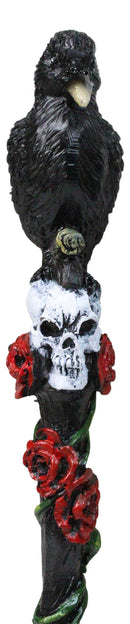 Fantasy Raven Crow Perching On White Skull with Rose Vines Decorative Magic Wand