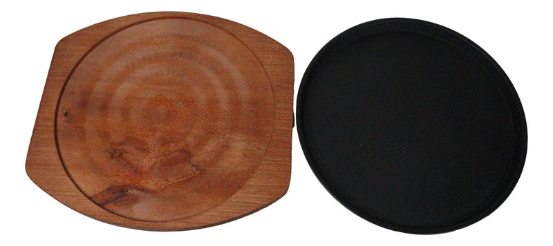 Personal Size Cast Iron Round Fajita Steak Pan Skillet With Wood Trivet Base8"D