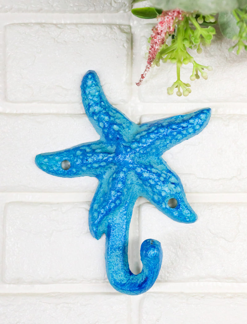 Pack Of 4 Cast Iron Rustic Blue Starfish Sea Stars Wall Hanger Coat Towel Hooks