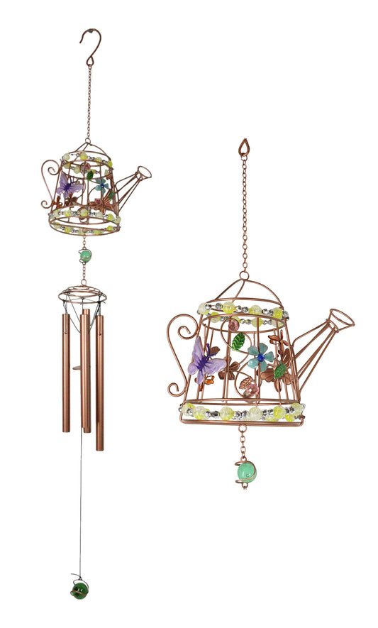 Monarch Butterflies On Garden Watering Can Art Glass Gemstones Metal Wind Chime