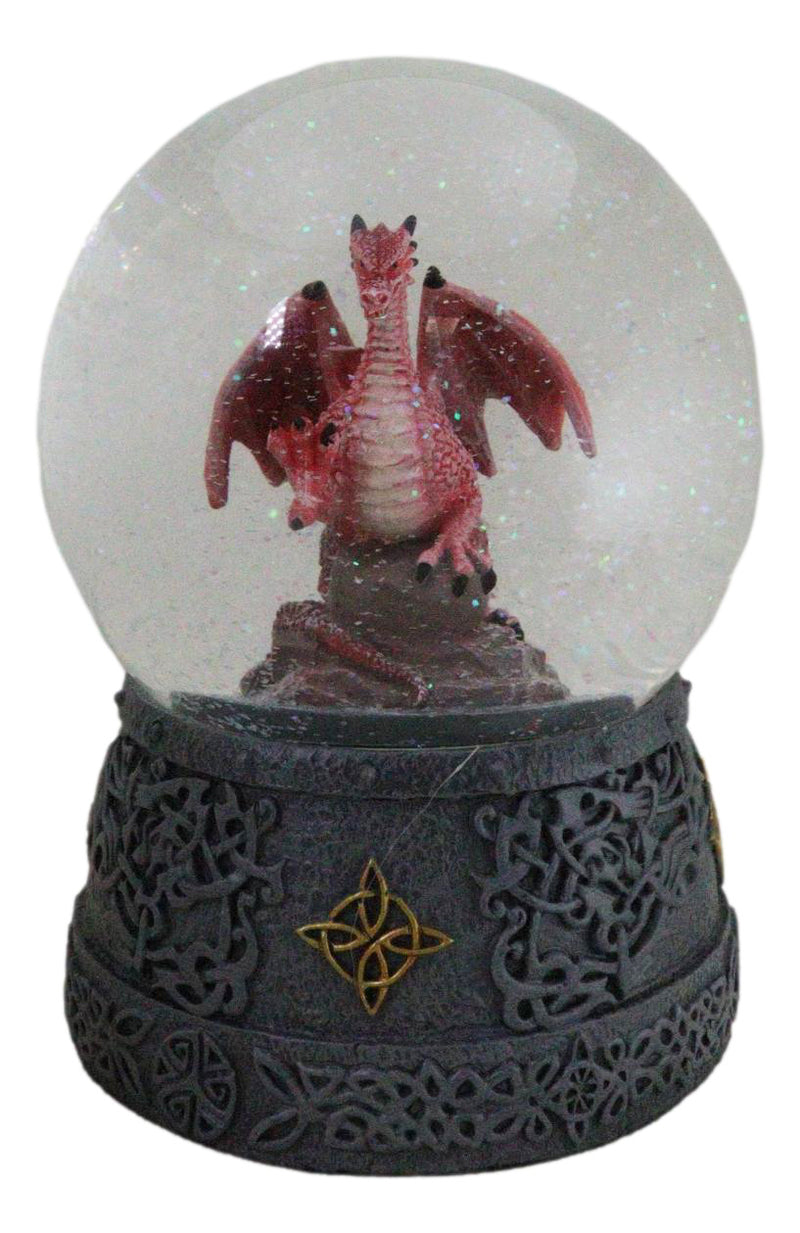 Fantasy Celtic Quadrilateral Knotwork Red Volcano Dragon Water Globe Figurine