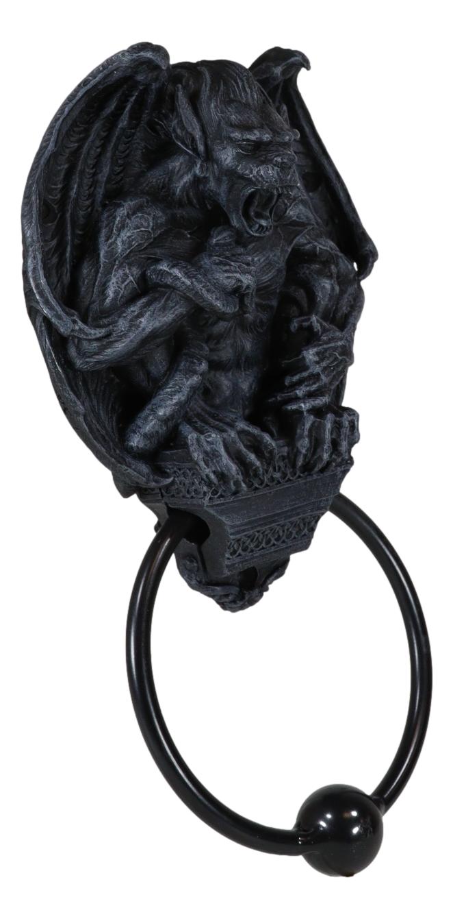 Gothic Guardian Winged Gargoyle Perching On Roof Pediment Door Knocker Figurine