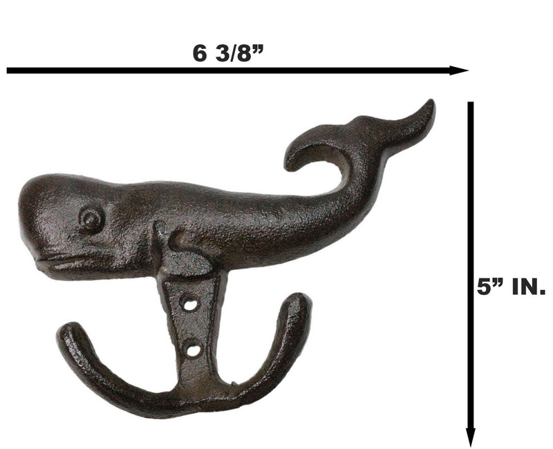Set Of 4 Cast Iron Rustic Nautical Marine Sea Sperm Whale Double Wall Coat Hooks