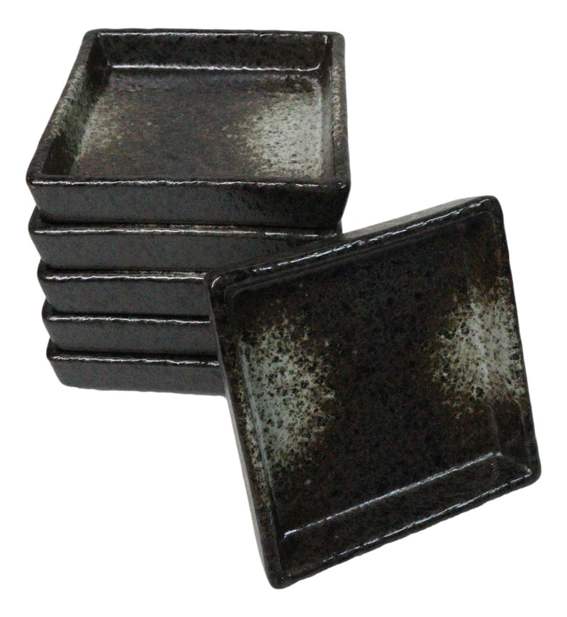 Set Of 6 Charcoal Grey Tone Hakumu Art Ceramic Square Condiment Sauce Dishes 2oz