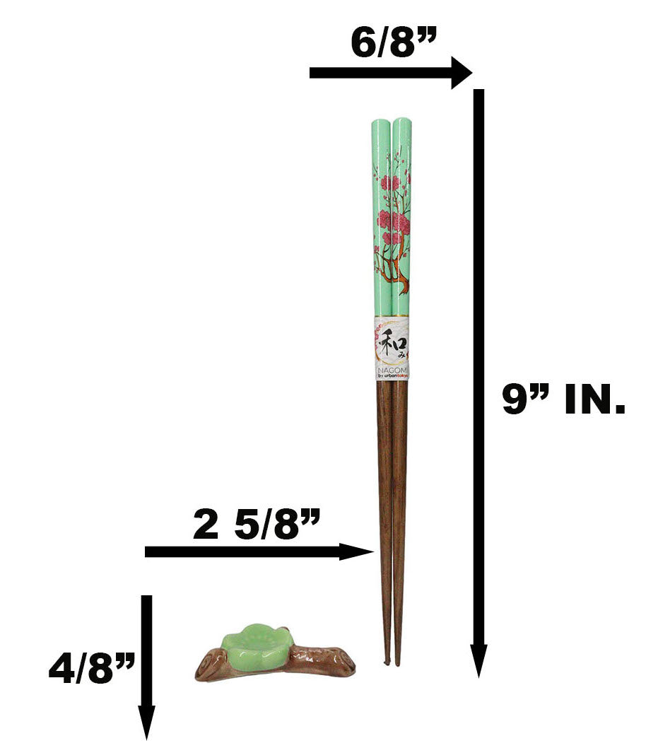 5 Pairs Of Ume Plum Blossoms On Branch Ceramic Rests With Wooden Chopsticks Set