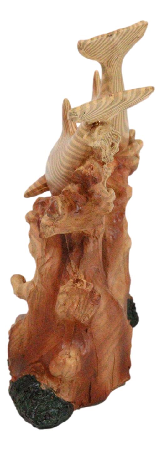 Nautical Marine Sea Ocean 3 Dolphins Swimming With Waves Faux Wood Figurine