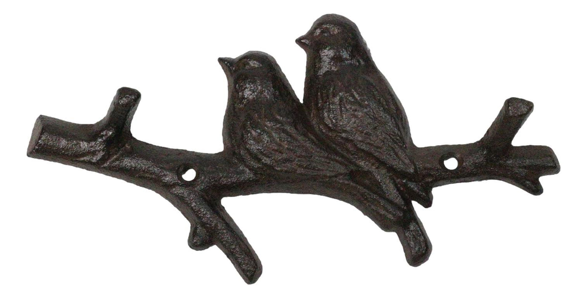 Set of 2 Cast Iron Rustic 2 Lovebirds Perching On Branch 2-Pegs Wall Hooks
