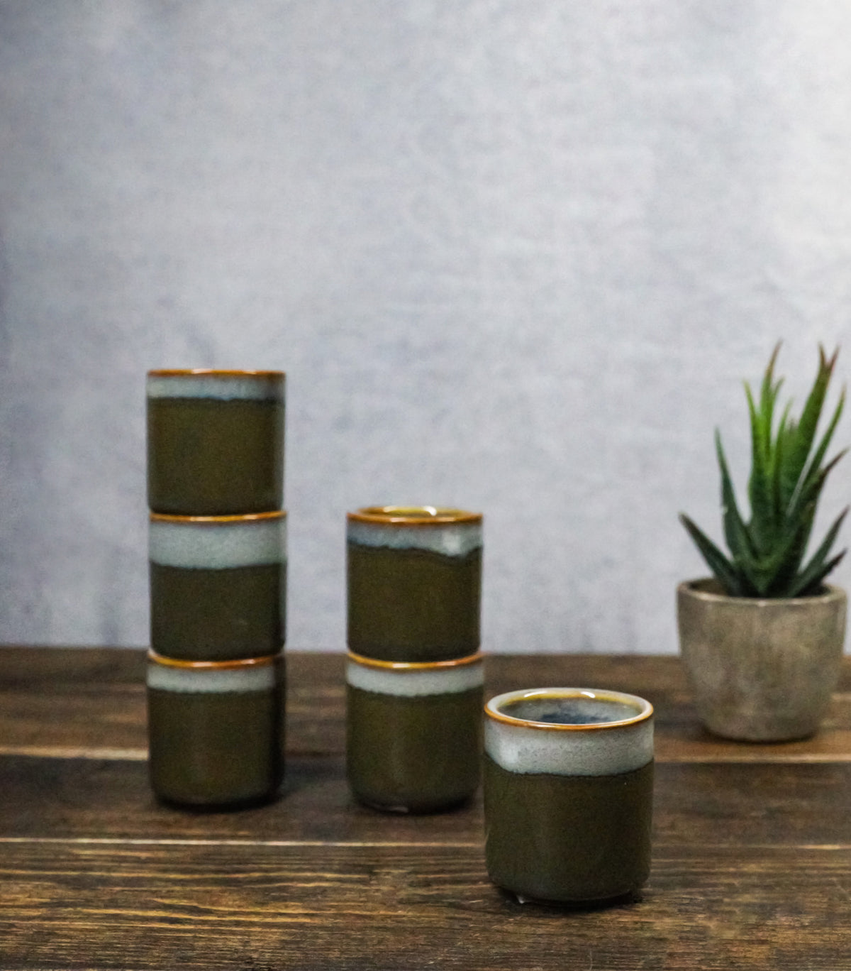 Set of 6 Earth Green And Gray Porcelain 1.25oz Ochoko Yuzu Sake Cups