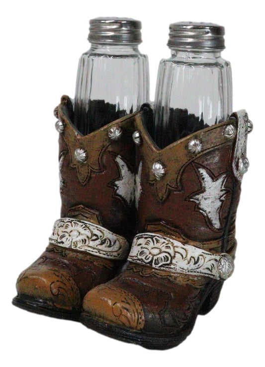 Rustic Western Silver Conchos Cowboy Boots With Spur Salt Pepper Shakers Holder