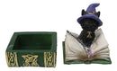 Mystical Black Cat with Witch Hat On Green Book of Spells Small Trinket Box