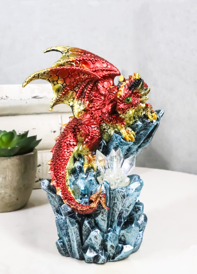 Fantasy Red And Gold Geode Dragon Perching On Crystal Rock Cavern Small Figurine
