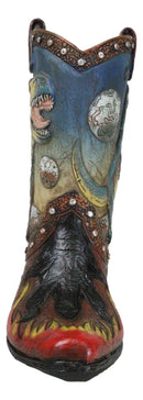 Western Prehistoric T-Rex Dinosaur With Volcano Faux Leather Cowboy Boot Vase