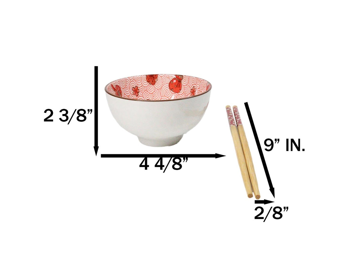 Set of 2 Lucky Cat Maneki Neko Red Ceramic 12oz Bowls With Bamboo Chopsticks