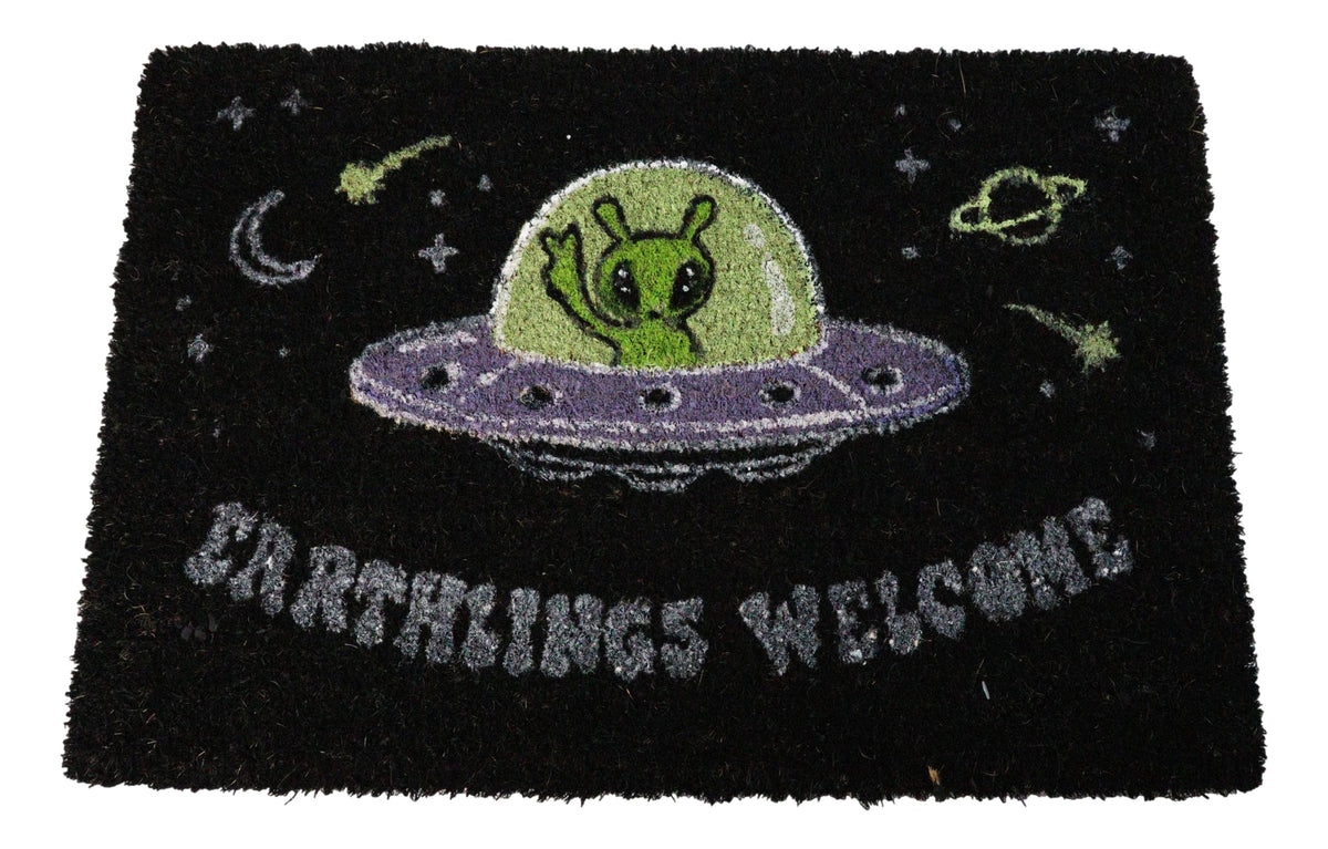 Ebros Earthlings Welcome Alien UFO Spaceship Black Coir Doormat 24 x 16 Inches