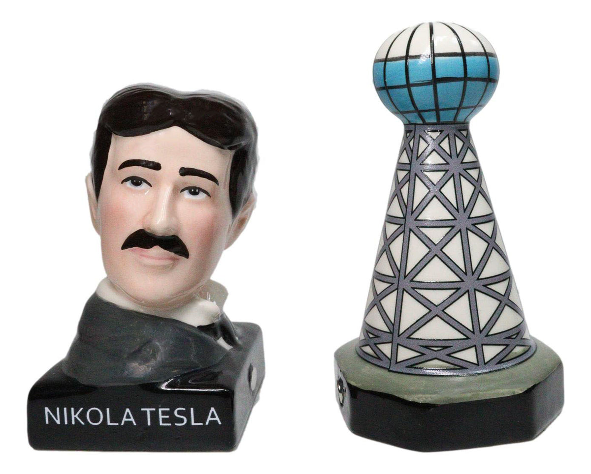 Nikola Tesla And Wardenclyffe Plant Tower Ceramic Salt And Pepper Shakers Set