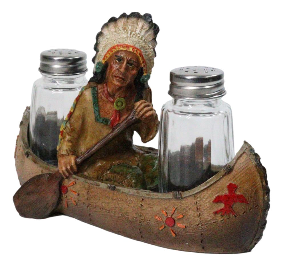 Native American Indian Chief In Canoe Boat Salt and Pepper Shaker Holder Set