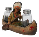 Native American Indian Chief In Canoe Boat Salt and Pepper Shaker Holder Set