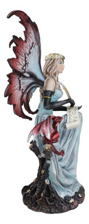 Blonde Fairy Scribe And Red Dragon Writing On Dragons Tales Scroll Figurine