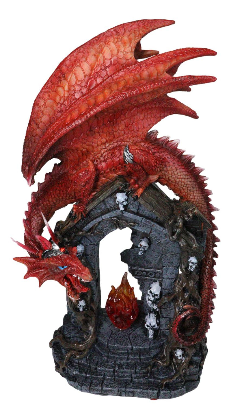 Medieval Red Dragon On Gothic Cathedric Tomb With Skulls LED Fire Flame Figurine