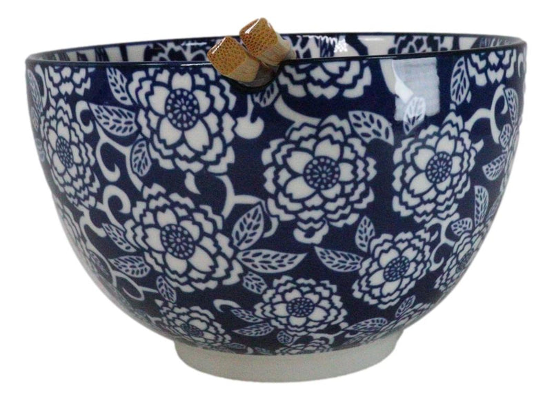 Blue Botanica Floral Blossoms 20Oz Donburi Ramen Soup Bowl With Chopsticks Set