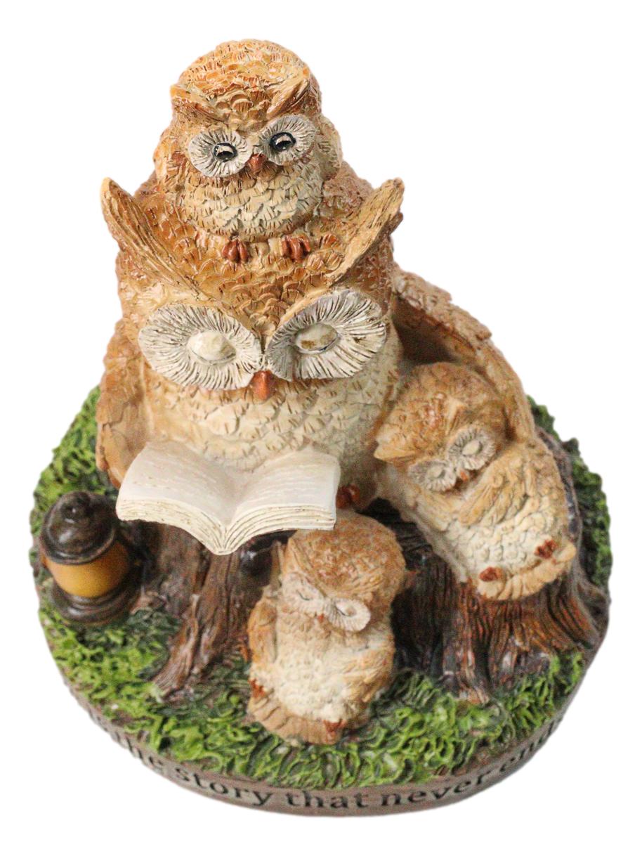 Bedtime Story Owl Mother & Owlets Figurine Owl Family Reading Book by Tree Stump