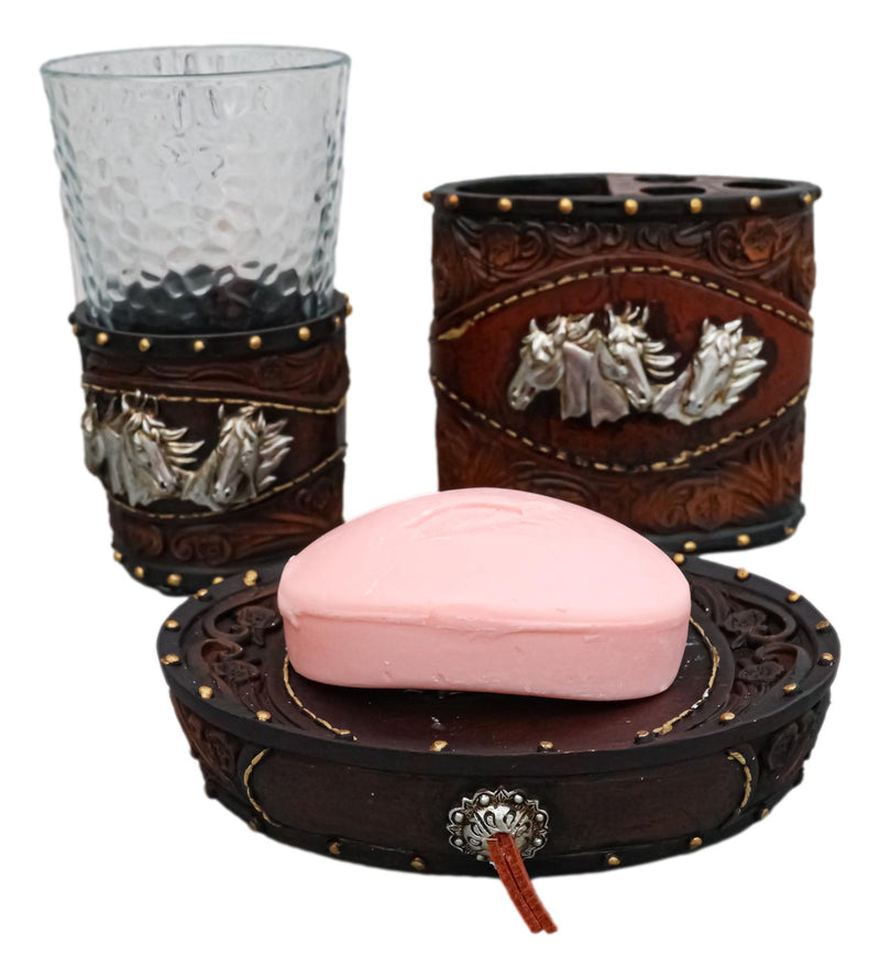 Rustic Western Horses with Faux Floral Tooled Leather 3 Pc Bathroom Vanity Set