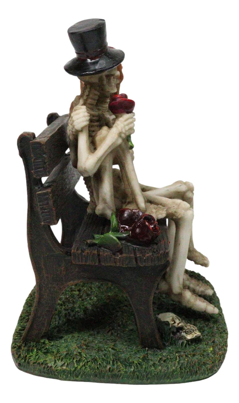 Skeleton Couple with Top Hat and Wig Sitting On Park Bench With Roses Figurine