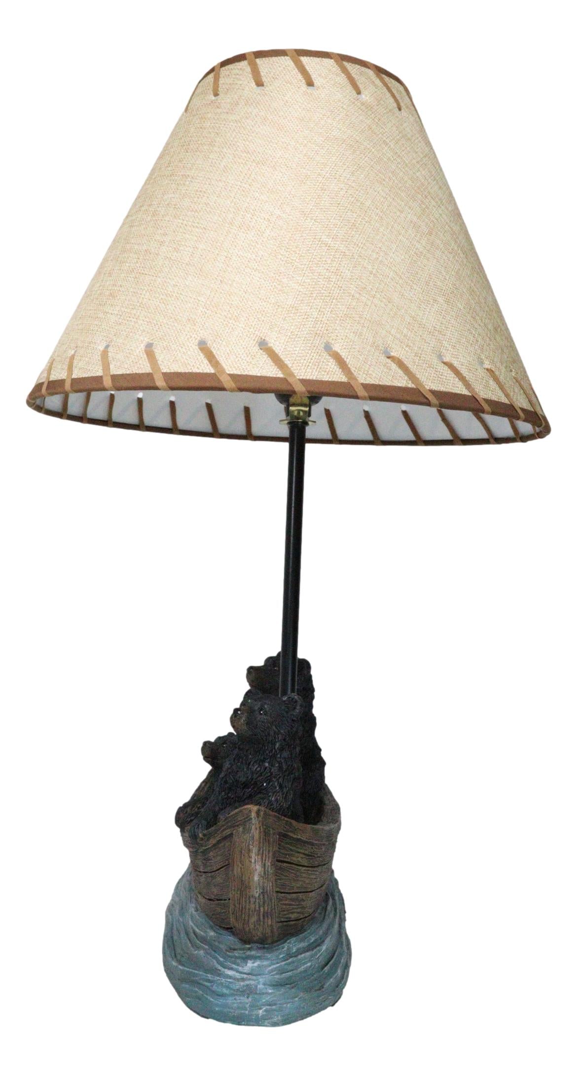 Rustic Woody Forest River Run Black Bears With Cub Rowing Canoe Boat Table Lamp