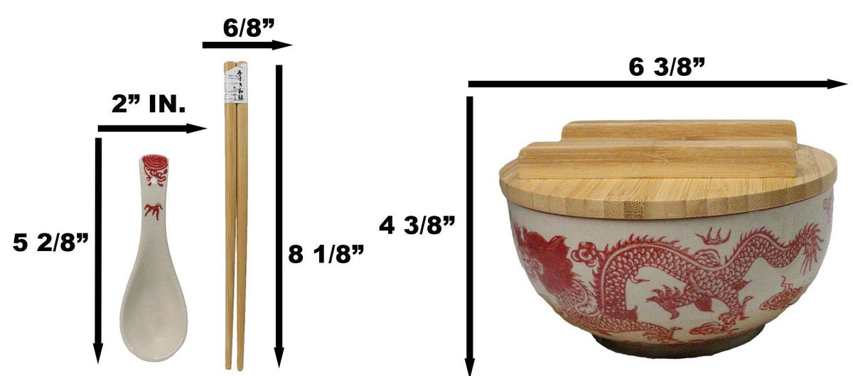 Red Ryu Dragon Design Donburi Ramen Bowl With Lid Trivet Spoon Chopsticks Set