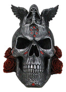 Grim Reaper Skeleton Angel Of Death Praying On Tribal Skull Red Roses Figurine
