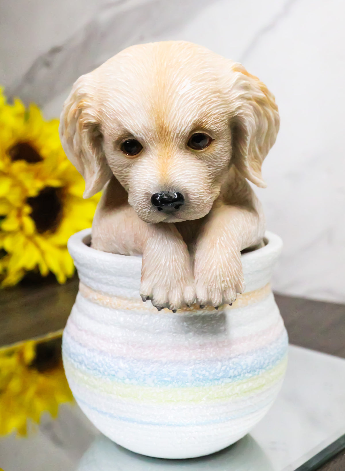 Realistic Golden Retriever Puppy Dog Figurine With Glass Eyes Pup In Pot