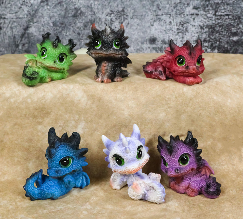 Set of 6 Fantasy Whimsical Colorful Hatchling Baby Dragons Mini Figurines
