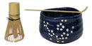 Navy Blue Sakura Blooms Ceramic Japanese Matcha Green Tea Bowl Whisk & Scoop Set