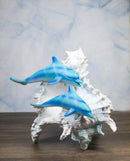 Nautical Marine Sea Blue Dolphins Swimming By Ocean Seashell Conch Figurine