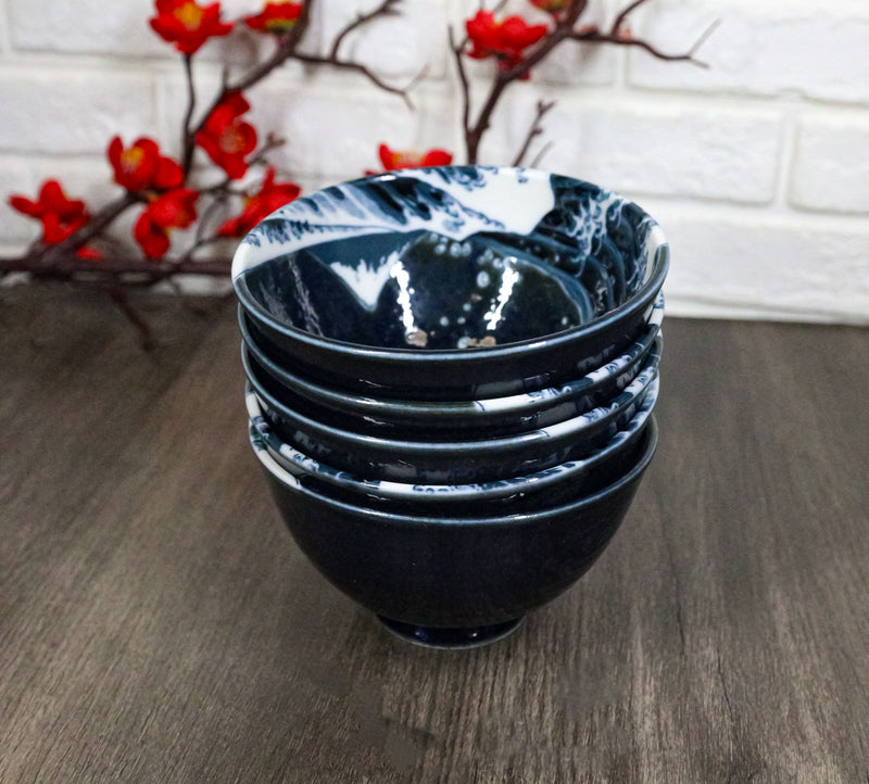 Set Of 5 Blue Japanese Hokusai Great Wave Porcelain Soup Rice Dessert Bowls 10oz