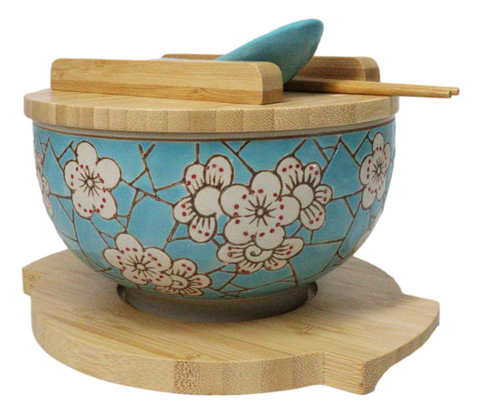 Blue Spring Blossoms Donburi Ramen Bowl With Lid Trivet Spoon Chopsticks Set