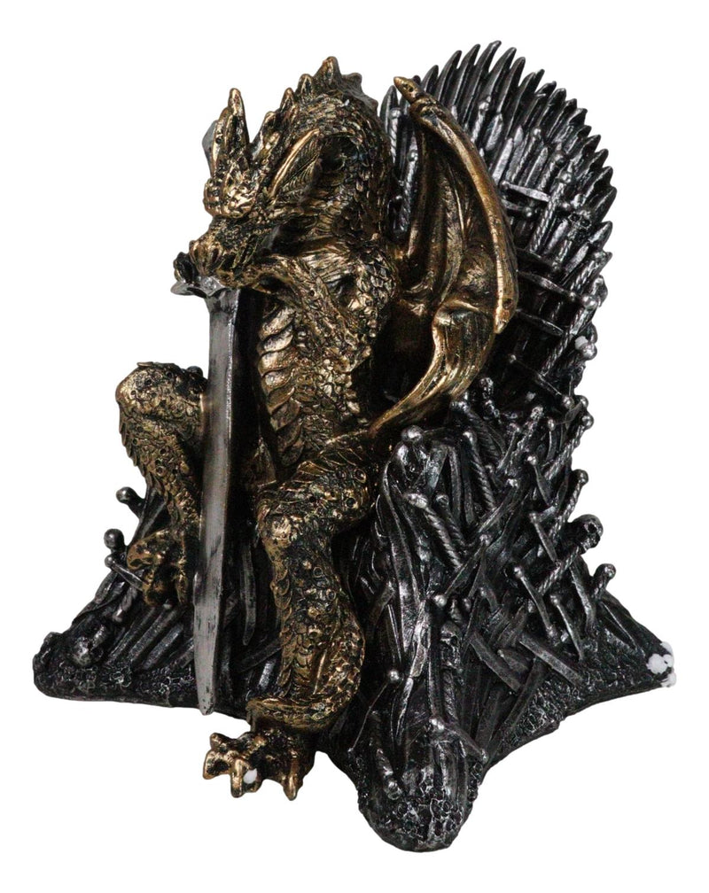 Bronzite Dragon Sitting On Iron Throne Of Swords With Valyrian Blade Figurine