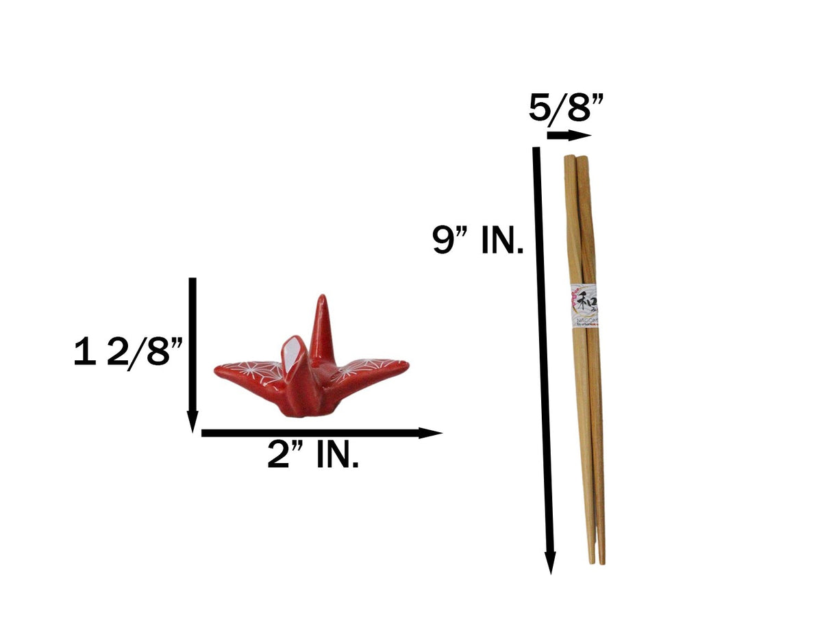 Red And Purple Origami Cranes Set of 2 Wooden Chopsticks And Ceramic Rests Set