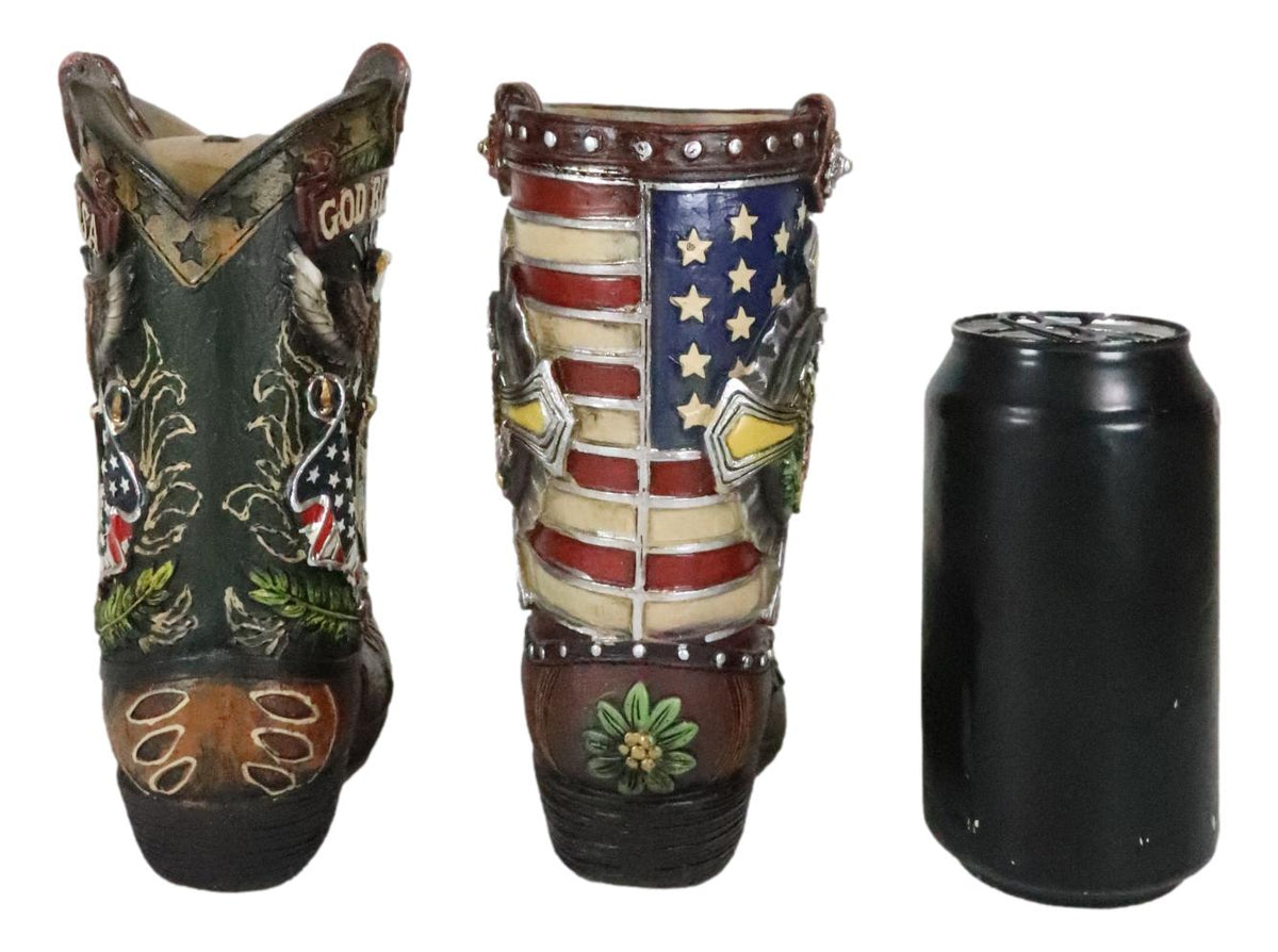 Set Of 2 Rustic Western Patriotic USA Flag Military Cowboy Boot Money Banks