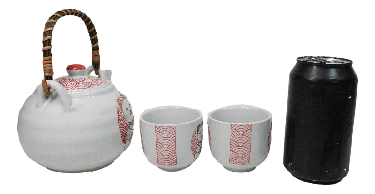 White Red Maneki Neko Lucky Cat Ceramic Tea Pot And 2 Cups Set Bamboo Handle