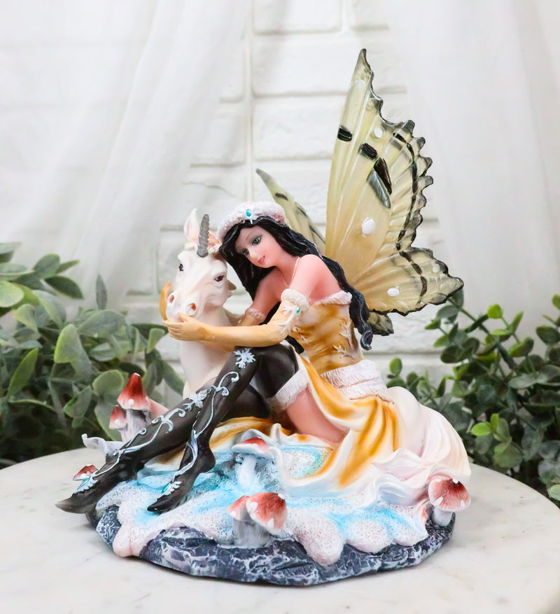 Ebros Winter Butterfly Fairy with White Unicorn On Mushrooms Figurine 6.5" Long