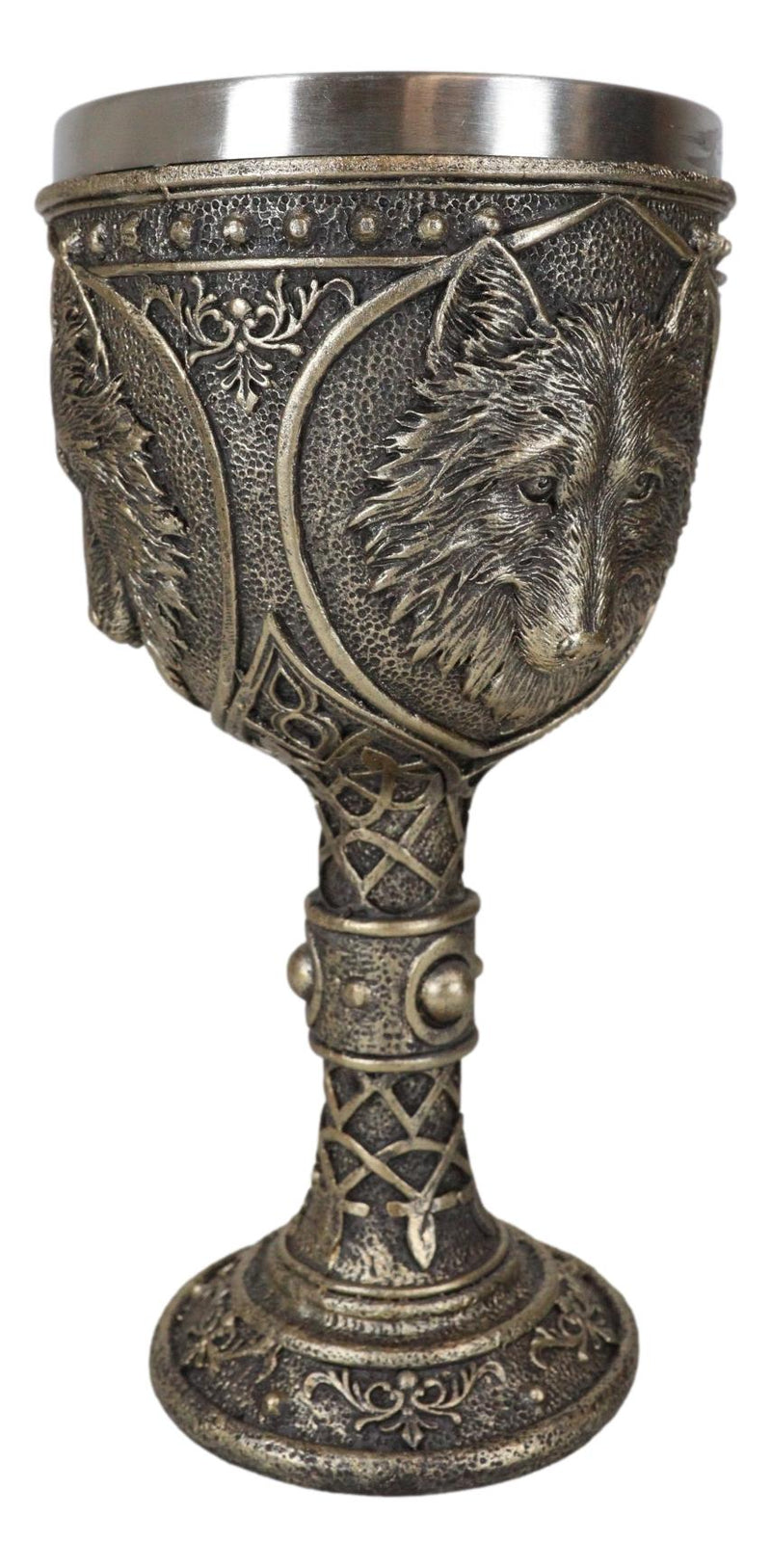 Faux Bronze Alpha Gray Wolf Celtic Tribal Knotwork Wine Chalice Goblet Cup