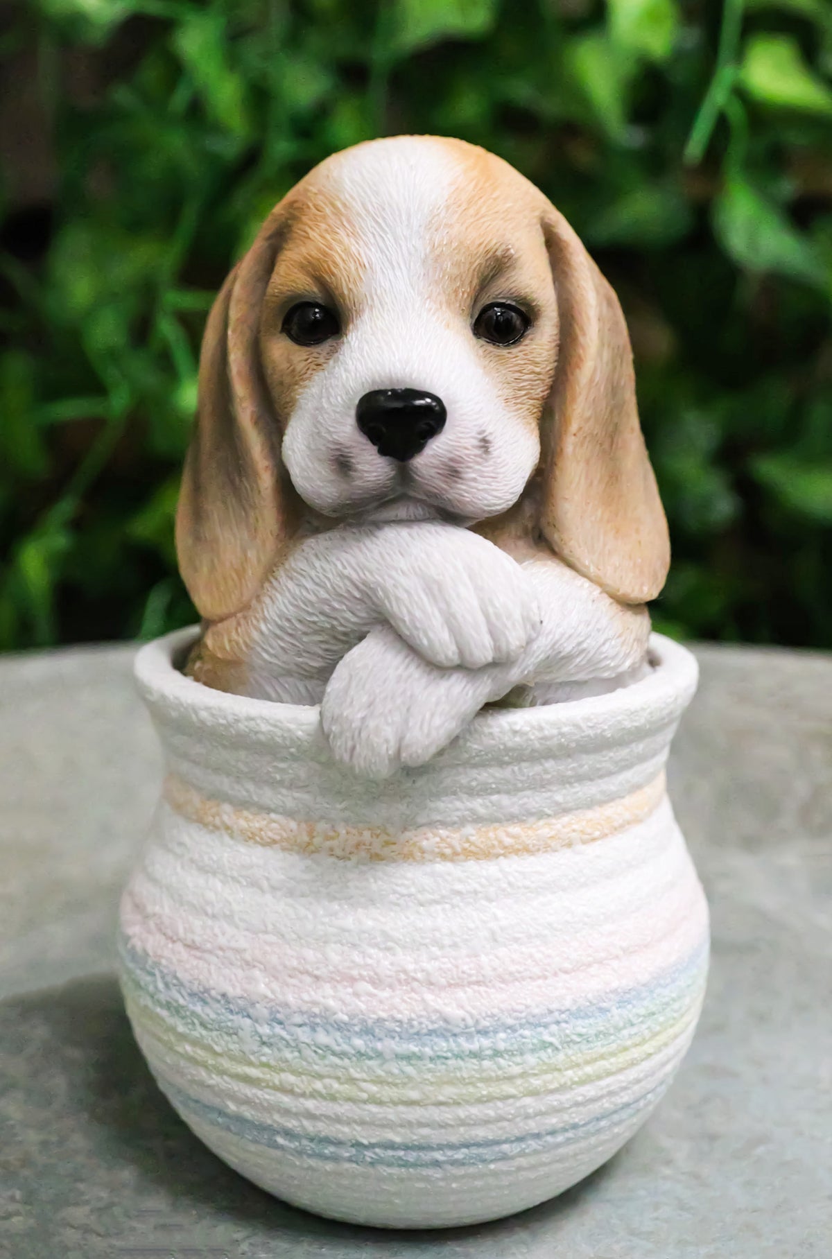 Realistic Tri Color Beagle Puppy Dog Figurine With Glass Eyes Pup In Pot