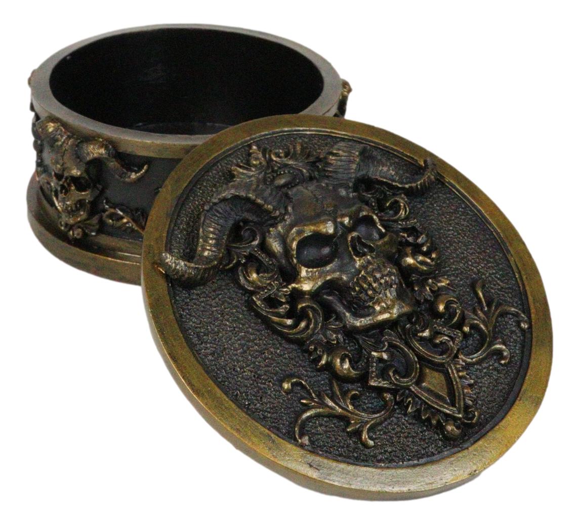 Hell Imp Horned Demon Skull Skeleton Floral Tooled Round Decorative Jewelry Box